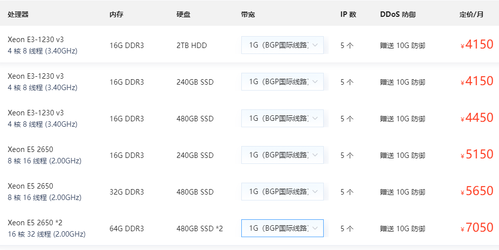 美国1G带宽服务器价格表